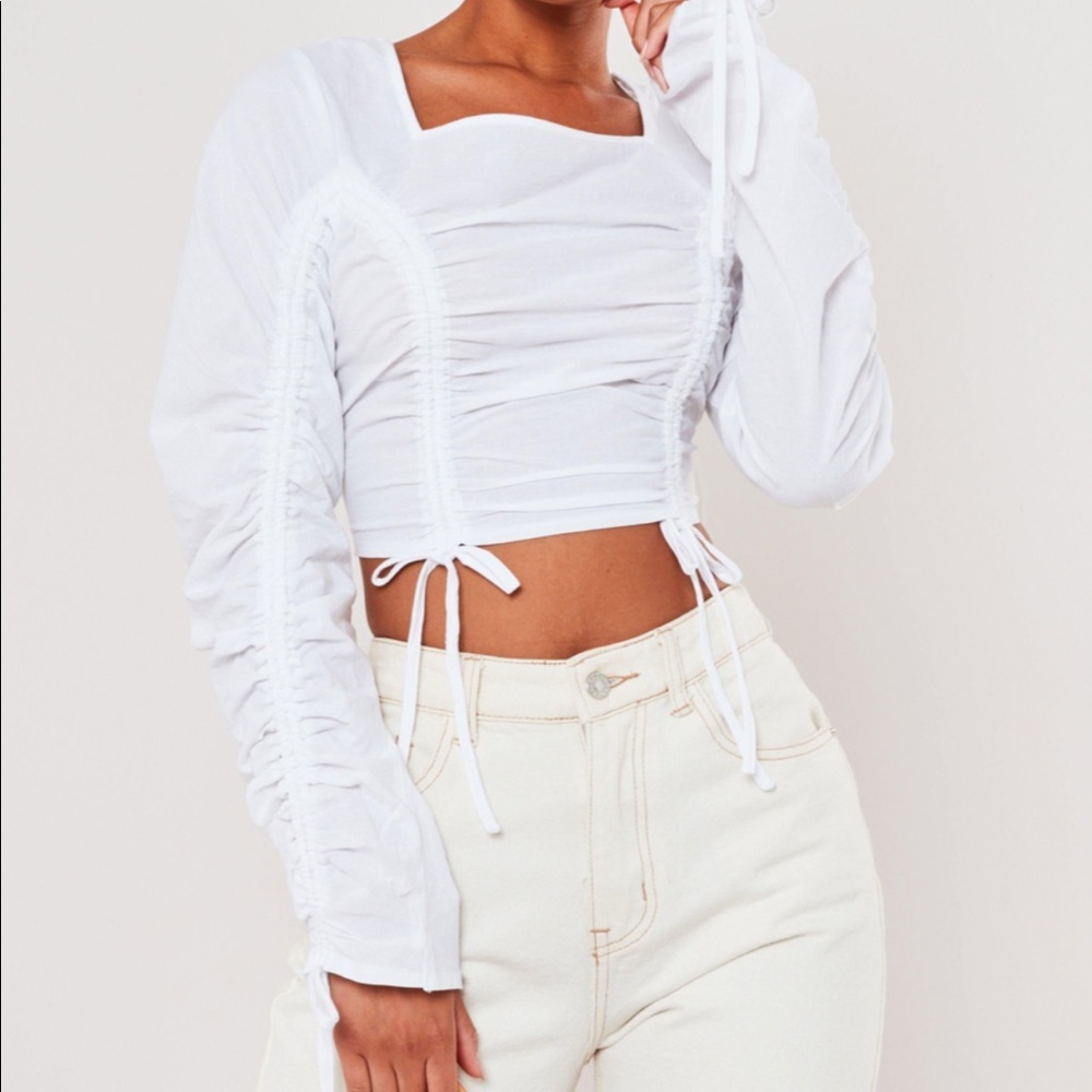 Petite White Square Neck Ruched Detail Crop Top